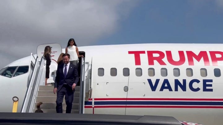 JD and Usha Vance deplane Trump campaign flight with pooch Atlas