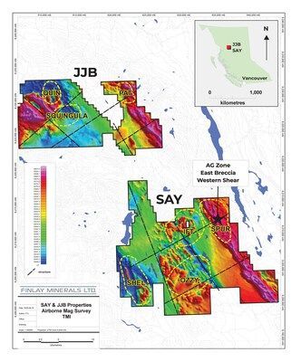 Figure 1. 2025 airborne magnetic surveys, structural trends and target areas on the SAY and JJB properties (CNW Group/Finlay Minerals Ltd.)
