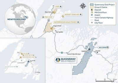 Figure 1. Queensway, Hammerdown, Pine Cove and Nugget Pond HGP location map (CNW Group/New Found Gold Corp.)