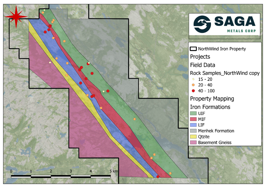 Sample location map of 2024-2025 Rock Samples showing total iron grade overlying a geological map of the area.